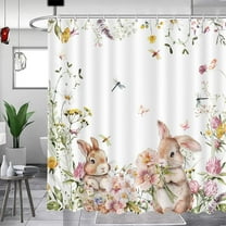 Spring Easter Bunny Shower Curtains for Bathroom Cute Rabbits Floral Plant Watercolor Flower Shower Curtain Set with Hooks Home Bathroom Bathtubs Decor Washable Durable Fabric 72"x72"