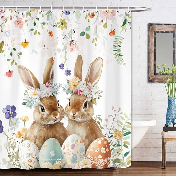 Spring Easter Bunny Shower Curtains for Bathroom, Leaves Wildflower Watercolor Floral Cute Rabbits Rustic Farmhouse Bathtubs Waterproof Fabric Curtain Set Decor with 12 Hooks 72x72 Inches
