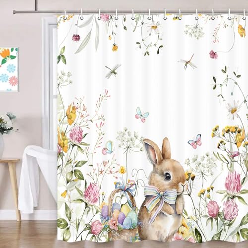 Unibyby Easter Shower Curtain - 71x71 Inch Waterproof Bathroom Decor With Bunnies, Eggs & Tulips, Includes 12 Hooks