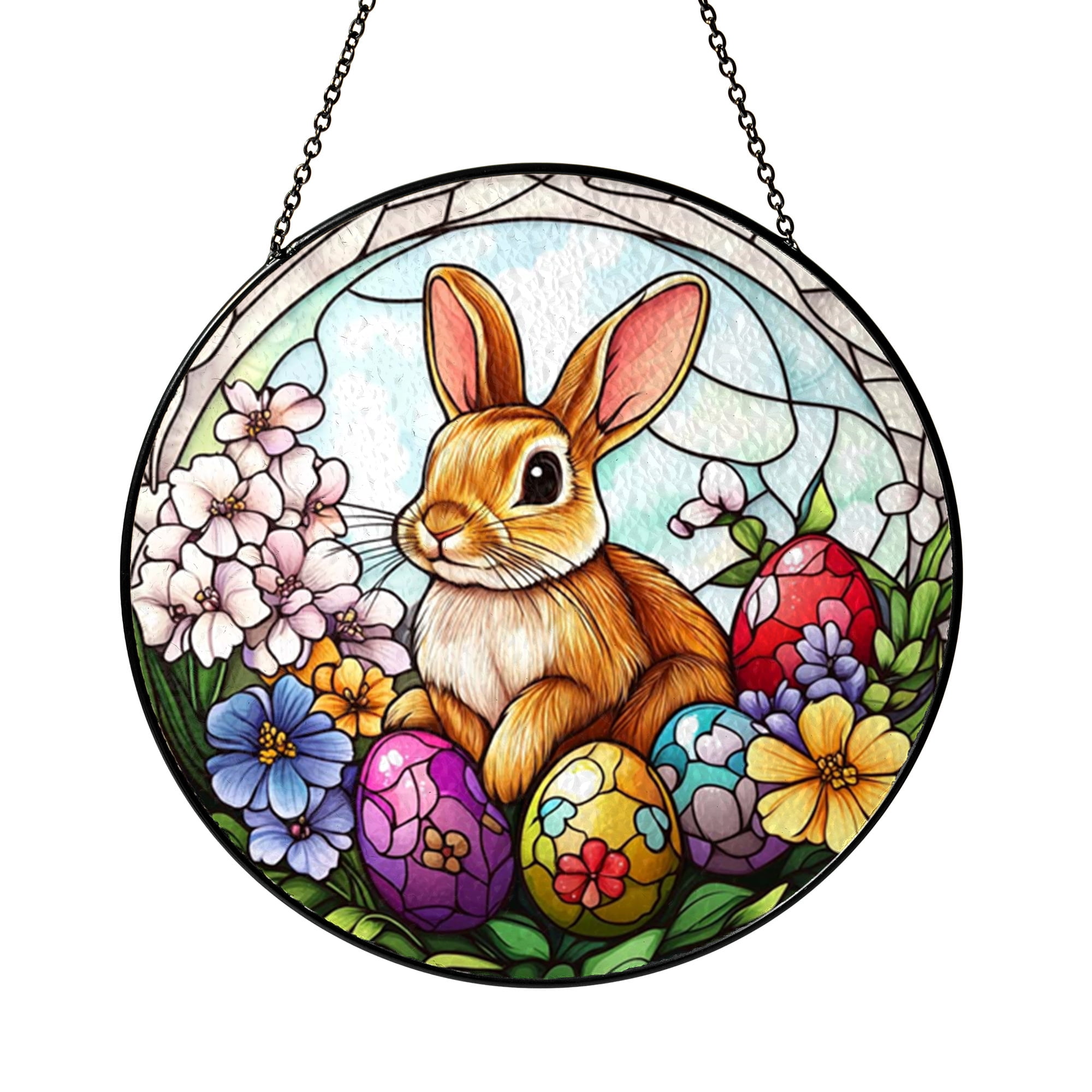 Spring Easter Bunny Stained Glass Window Art Featuring Flowers and Eggs ...