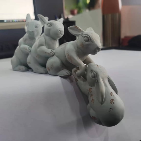 Spring Easter Bunny Statue, Saved By A Hare Stacked Rabbits, White Decor with Antique Finish, Cute Figurine for Holiday Display