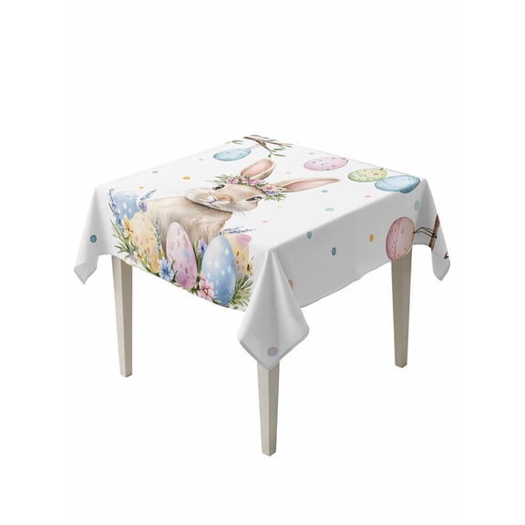Spring Easter Bunny Suqare Tablecloth - 54 x 54 Inch, Colorful Eggs Botanical Floral Waterproof & StainResistant Tablecloth, Washable Oil-proof Table Cover for Dining/Party/Wedding/Camping/Buffet