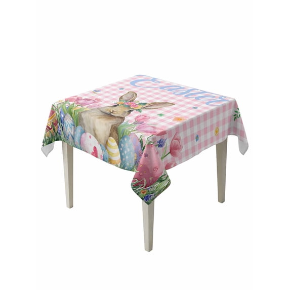 Spring Easter Bunny Suqare Tablecloth - 54 x 54 Inch, Pink Plaid Tulip Botanical Eggs Waterproof & StainResistant Tablecloth, Washable Oil-proof Table Cover for Dining/Party/Wedding/Camping/Buffet
