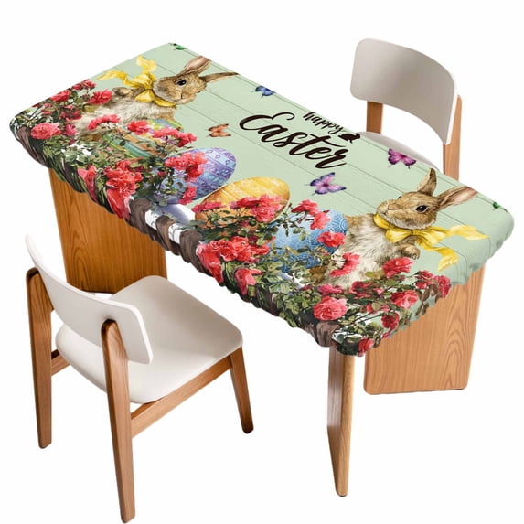 Spring Easter Bunny Table Cloths for 3 Foot Rectangle Tables, Green Wooden Red Floral Easter Eggs Patio Waterproof Elastic Fitted Tablecloths, Washable Rectangular Table Cover for Camping