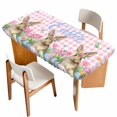 thumbnail image 1 of Spring Easter Bunny Table Cloths for 4 Foot Rectangle Tables, Pink Plaid Tulip Botanical Eggs Patio Waterproof Elastic Fitted Tablecloths, Washable Rectangular Table Cover for Camping, 1 of 8