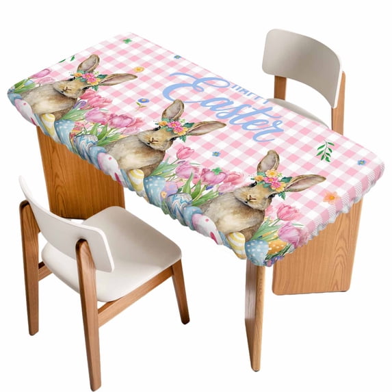 Spring Easter Bunny Table Cloths for 4 Foot Rectangle Tables, Pink Plaid Tulip Botanical Eggs Patio Waterproof Elastic Fitted Tablecloths, Washable Rectangular Table Cover for Camping
