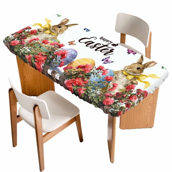 Spring Easter Bunny Table Cloths for 4 Foot Rectangle Tables, Red Floral Botanical Easter Eggs Patio Waterproof Elastic Fitted Tablecloths, Washable Rectangular Table Cover for Camping