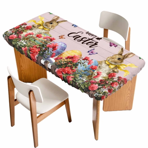 Spring Easter Bunny Table Cloths for 6 Foot Rectangle Tables, Pink Wooden Red Floral Easter Eggs Patio Waterproof Elastic Fitted Tablecloths, Washable Rectangular Table Cover for Camping