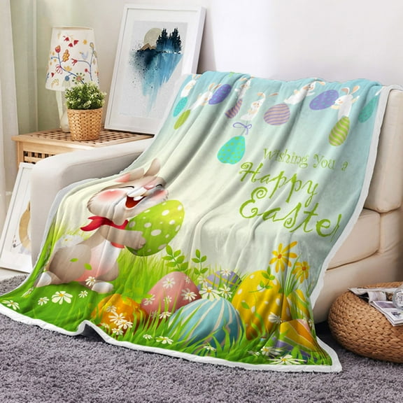 Spring Easter Bunny Throw Blanket, Watercolor Floral Cute Rabbits Throw Flannel Blankets for Couch & Bed, Easter Bunny with Colorful Eggs in Grass Spring Blanket 50" x 60", Super Soft & Warm Blankets