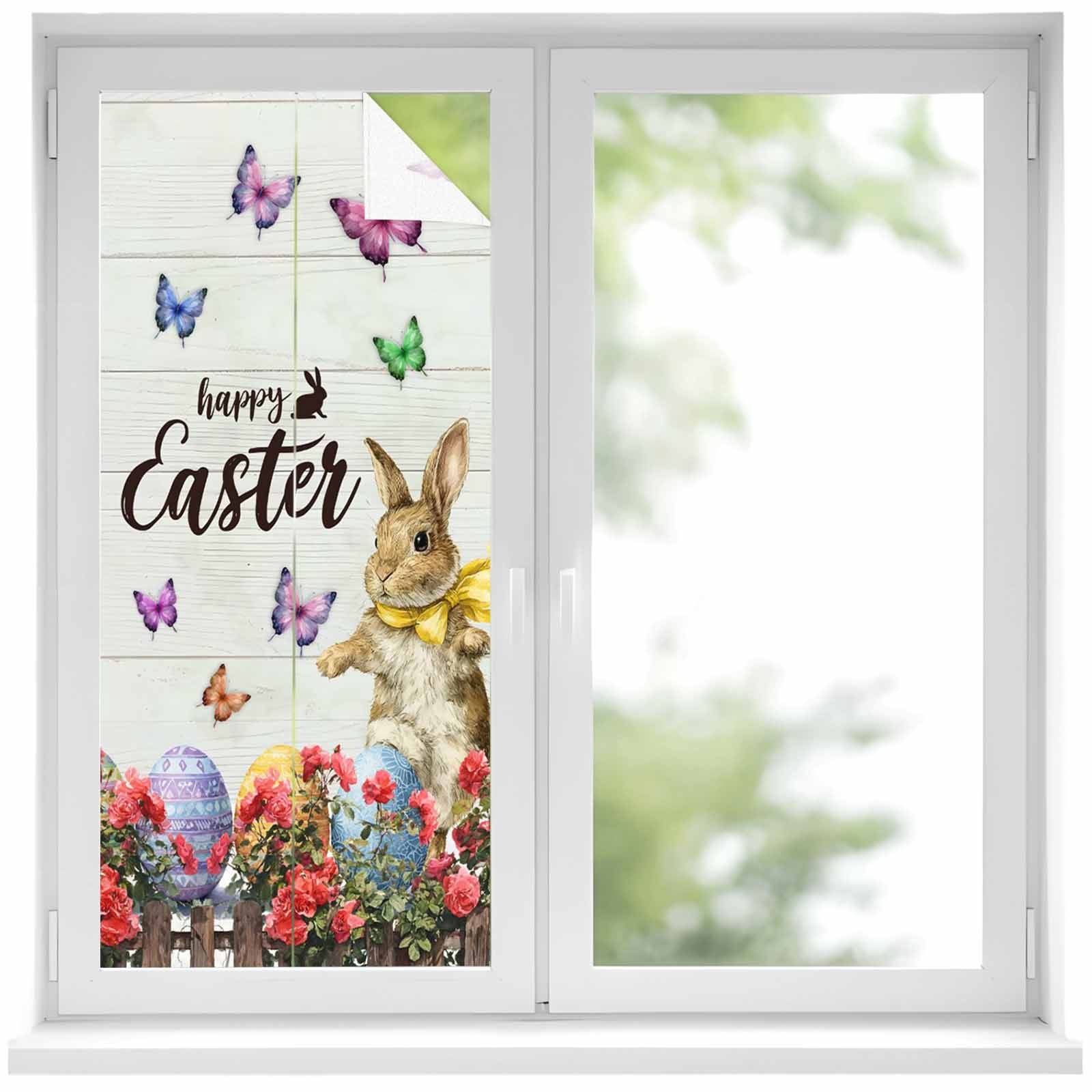 Spring Easter Bunny Window Privacy Film, Grey Wooden Red Floral Easter ...