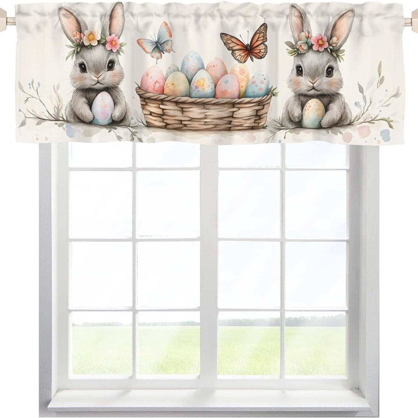 Spring Easter Bunny Window Valance Curtain Watercolor Flower Rabbits ...