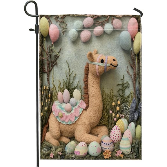 Spring Easter Camel Wildlife Garden Flags 12x18 Inch for Outside, Wool Felt Style Animal Eggs Standard Vertical Linen Flags, Holiday Print Front Yard Backyard Lawn Outdoor Decoration