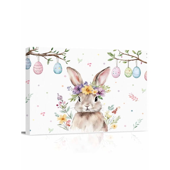 Spring Easter Canvas Print Wall Art Bunny Watercolor Colorful Eggs Floral Pictures Painting Morden Artwork for Living Room Bedroom, Ready to Hang - 12"x16"