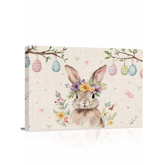 Spring Easter Canvas Print Wall Art Bunny Watercolor Colorful Eggs Floral Vintage Pictures Painting Morden Artwork for Living Room Bedroom, Ready to Hang - 12"x16"