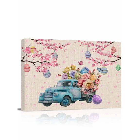 Spring Easter Canvas Print Wall Art Truck Load of Rose and Color Egg Pictures Painting Morden Artwork for Living Room Bedroom, Ready to Hang - 12"x16"