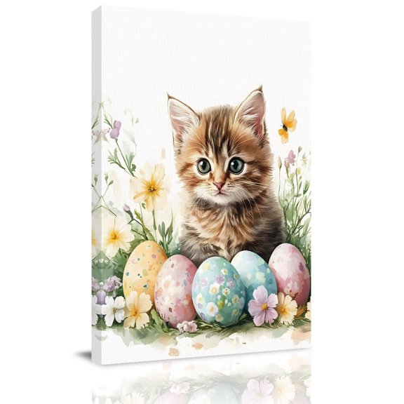 Spring Easter Canvas Wall Art for Living Room, Cat Eggs Flowers Poster Print Painting for Bedroom Office Home Decoration Wall Pictures Prepare To Hang 8"x10"