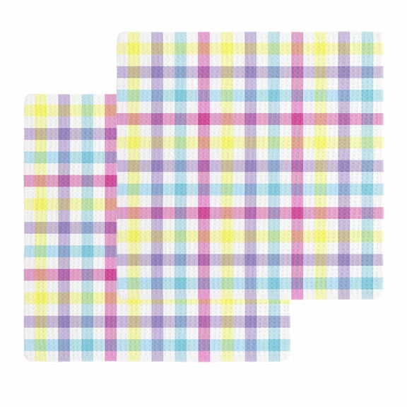 Spring Easter Checkered Kitchen Dish Towels for Drying Dishes Set of 2, Colorful Buffalo Plaid Waffle Weave Microfiber Hand Tea Bathroom Towels Quick Dry & Absorbent Towel 12x12