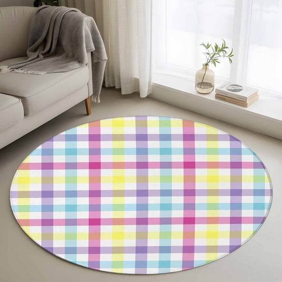 Spring Easter Checkered Round Area Rug 3.3 FT, Non Slip Small Entryway Kitchen Mat, Colorful Buffalo Plaid Washable Soft Circular Rug Non-Shedding Door Mat for Bathroom Playroom Kids Room