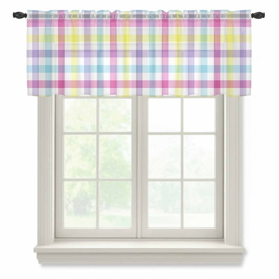 Spring Easter Checkered Valance Curtains for Kitchen/Living Room/Bathroom/Bedroom Window, Rod Pocket Small Topper Half Short Window Curtains Voile Sheer Scarf, Colorful Buffalo Plaid 42"x12"