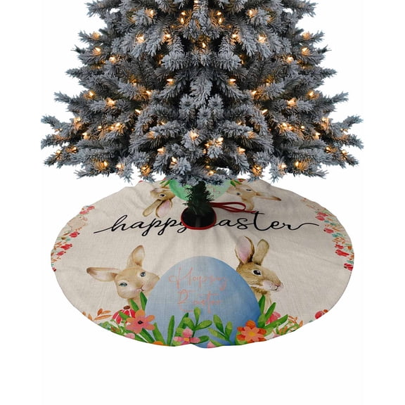 Spring Easter Christmas Tree Skirt 36 Inches Large Christmas Skirt Tree, Bunny Colorful Eggs Floral Rustic Burlap Tree Skirt Christmas Decorations for Fireplace Party Holidays Indoor Outdoor