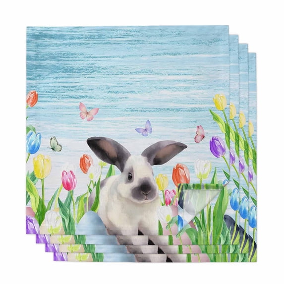 Spring Easter Cloth Napkins, Blue Botanical Tulip Rabbit Butterfly Washable and Reusable Dinner Napkins Set of 4, Table Napkin for Kitchen Party Birthday Wedding Hotel Housewarming 20"x20"