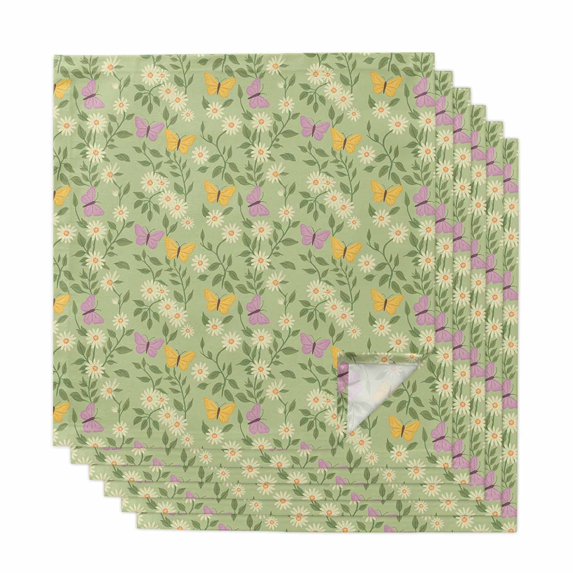 Spring Easter Cloth Napkins, Watercolor Floral Daisy Butterflies Green Washable and Reusable Dinner Napkins Set of 6, Table Napkin for Kitchen Party Birthday Wedding Hotel Housewarming 20"x20"