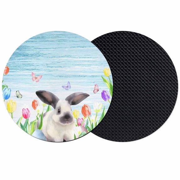 Spring Easter Coasters Set of 2, Absorbent Coasters for Drinks, Blue Botanical Tulip Rabbit Butterfly Coaster for Desk Coffee Table Protection, Home Decor House Warming Gifts 4"