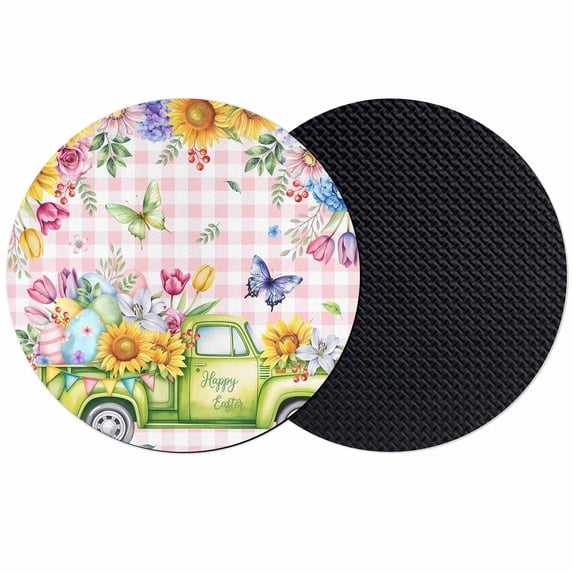 Spring Easter Coasters Set of 2, Absorbent Coasters for Drinks, Colorful Eggs Floral Truck Butterflies Pink Plaid Coaster for Desk Coffee Table Protection, Home Decor House Warming Gifts 4"
