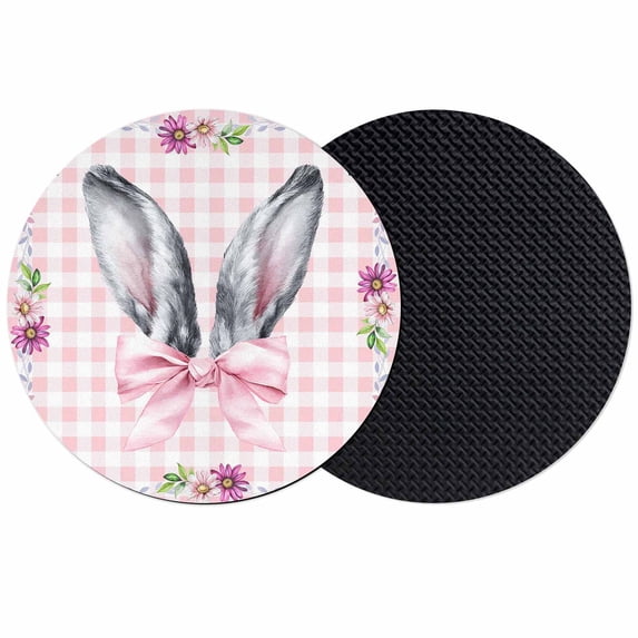 Spring Easter Coasters Set of 2, Absorbent Coasters for Drinks, Cute Rabbits Ears Bow Daisy Floral Pink Plaid Coaster for Desk Coffee Table Protection, Home Decor House Warming Gifts 4"
