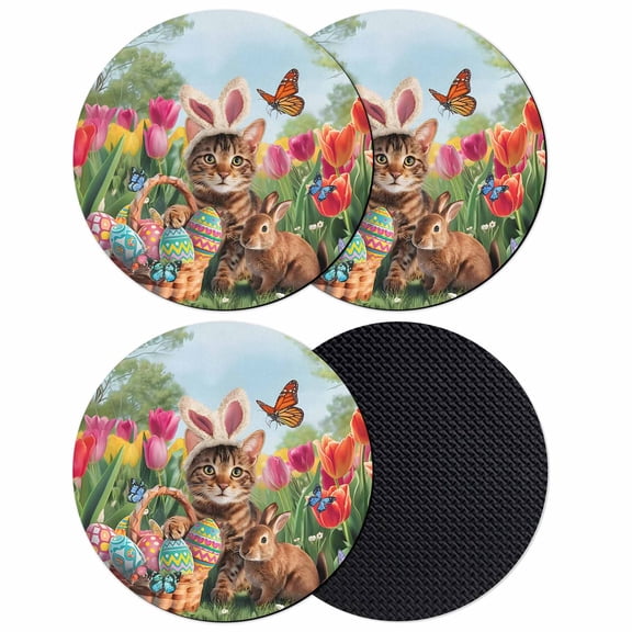 Spring Easter Coasters Set of 4, Absorbent Coasters for Drinks, Easter Eggs Cats Bunny Tulips Farmhouse Coaster for Desk Coffee Table Protection, Home Decor House Warming Gifts 4"