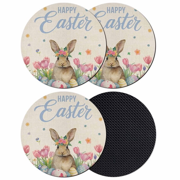 Spring Easter Coasters Set of 4, Absorbent Coasters for Drinks, Pink Tulip Flowers Bunny Floral Rustic Coaster for Desk Coffee Table Protection, Home Decor House Warming Gifts 4"