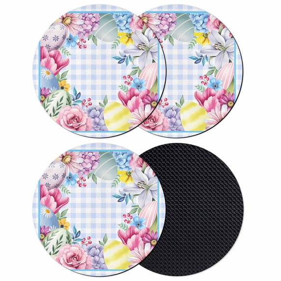 Spring Easter Coasters Set of 4, Absorbent Coasters for Drinks, Watercolor Flower Eggs Berry Leaf Blue Plaid Coaster for Desk Coffee Table Protection, Home Decor House Warming Gifts 4"