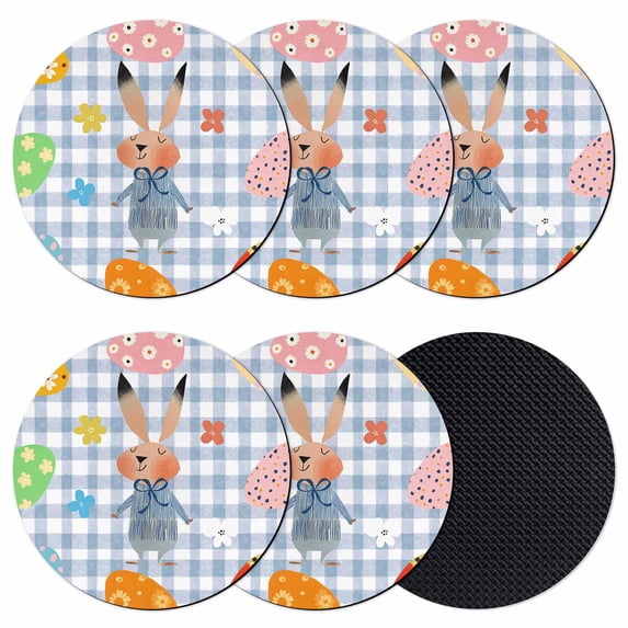 Spring Easter Coasters Set of 6, Absorbent Coasters for Drinks, Blue Plaid Bunny Colorful Eggs Floral Coaster for Desk Coffee Table Protection, Home Decor House Warming Gifts 4"
