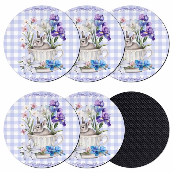 Spring Easter Coasters Set of 6, Absorbent Coasters for Drinks, Bunny Botanical Flowers Leaves Purple Check Coaster for Desk Coffee Table Protection, Home Decor House Warming Gifts 4"