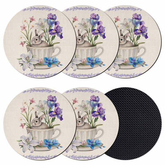 Spring Easter Coasters Set of 6, Absorbent Coasters for Drinks, Retro Rabbit Cup Botanical Purple Leaves Coaster for Desk Coffee Table Protection, Home Decor House Warming Gifts 4"