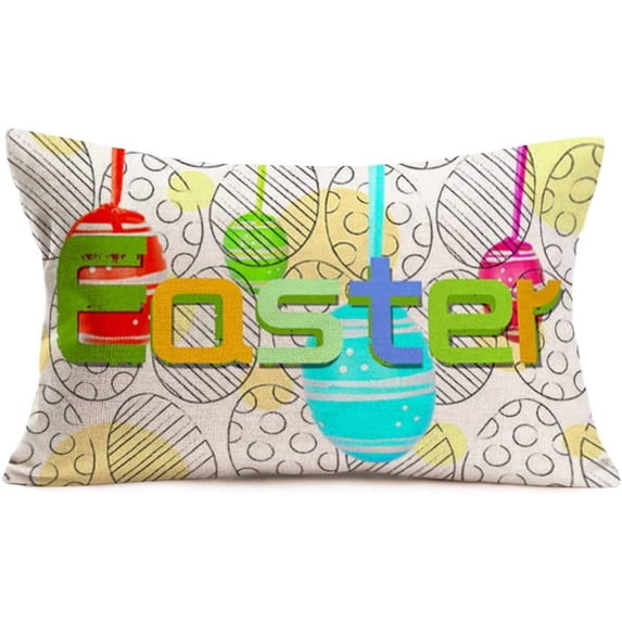 Spring Easter Color Eggs Lumbar Rectangle Throw Pillow Cover for Home Office Easter Eggs Watercolor Style Decorative Throw Pillow Case Cushion Cover Square Cotton Linen (Easter, 12"x20")