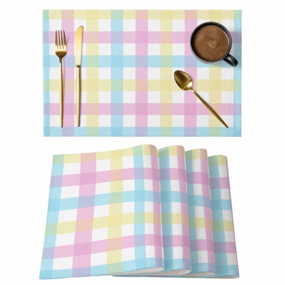Spring Easter Colorful Lattice Placemats Set of 6,Wipeable Washable Table Mats for Dining Tables, Minimalist Buffalo Checker Place Mats for Kitchen Event Party Tabletop Decor