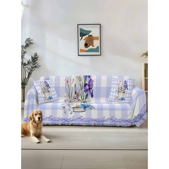 Spring Easter Couch Cover, Bunny Botanical Flowers Leaves Purple Check Oversized Sofa Cover Blanket for 3 Cushion Couch, Sectional Sofa Slipcover Protector for Living Room Bedroom 71''x150''