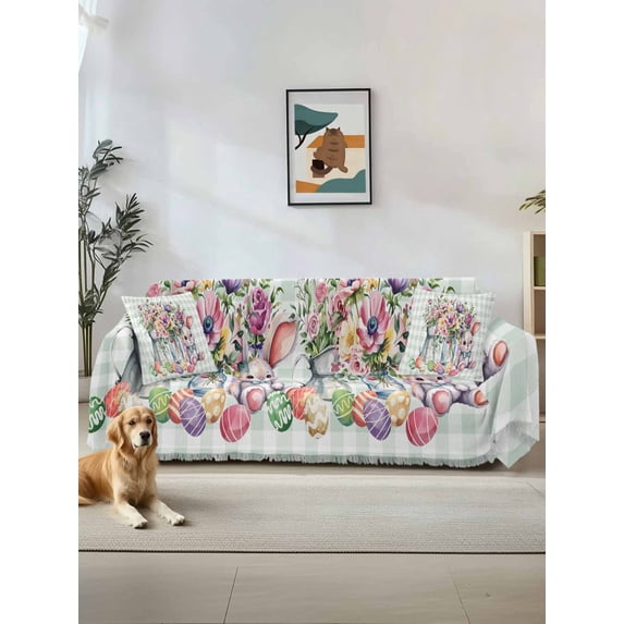 Spring Easter Couch Cover, Colorful Cute Rabbits Eggs Flowers Green Plaid Sofa Cover Blanket for 1 Seat Cushion, Sectional Sofa Slipcover Furniture Protector for Living Room Bedroom 71''x91''