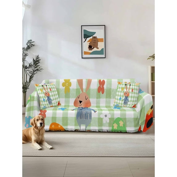 Spring Easter Couch Cover, Green Plaid Bunny Colorful Eggs Floral Sofa Cover Blanket for 3 Cushion Couch, Sectional Sofa Slipcover Furniture Protector for Living Room Bedroom 71''x134''