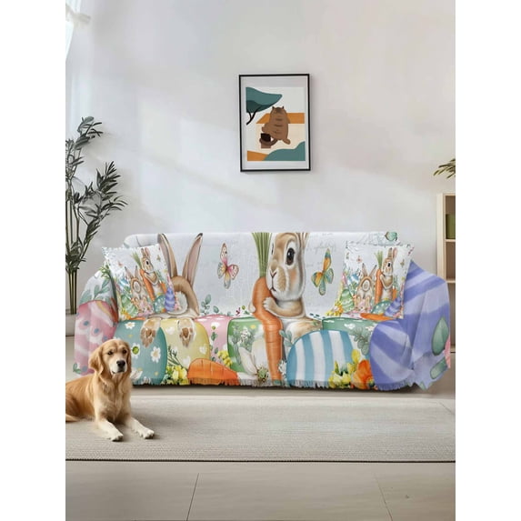 Spring Easter Couch Cover, Rabbit Eggs Eucalyptus Leaf Floral Butterfly Sofa Cover Blanket for 2 Seat Cushion, Sectional Sofa Slipcover Furniture Protector for Living Room Bedroom 71''x102''