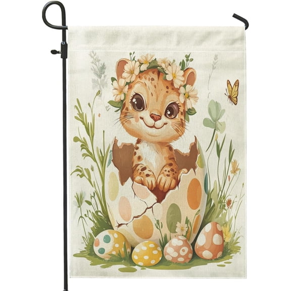 Spring Easter Cougar Wildlife Garden Flags 12x18 Inch Double Sided for Outside, Fun Wild Animal Groovy Eggs Pattern Standard Canvas House Flags, Holiday Front Yard Backyard Lawn Flag