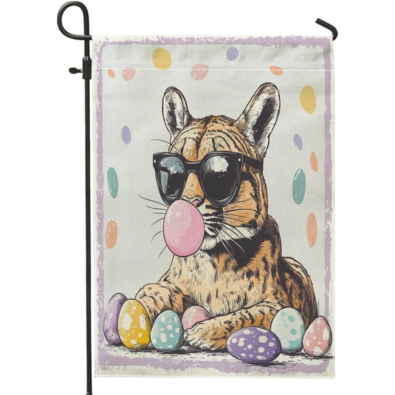 Spring Easter Cougar Wildlife Garden Flags 12x18 Inch Double Sided for Outside, Fun Wild Animal Groovy Eggs Standard Canvas Outdoor Flags, Holiday Front Yard Backyard Lawn Decoration