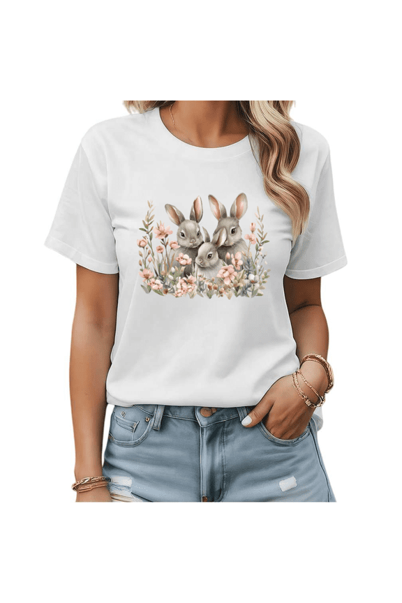 Spring Easter Cute Bunnies Graphic Tees Womans Tshirt Shirts Black White S-5XL Tops