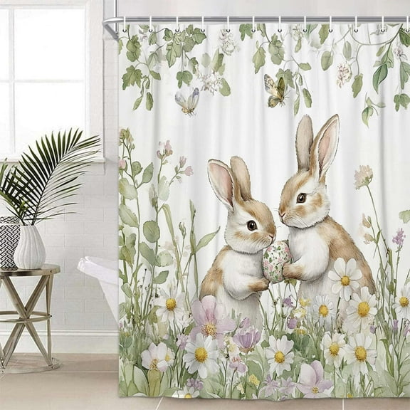 Spring Easter Cute Bunny Shower Curtain, Funny Watercolor Foliage Floral Butterfly Farmhouse Rabbit Shower Curtains, Waterproof Fabric Curtain Set Home Bathroom Bathtubs Decor with Hooks, 70X75in