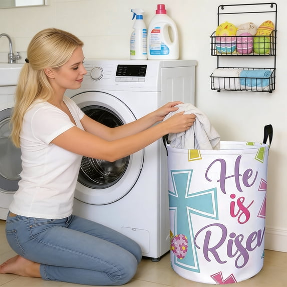 Spring Easter Decor Easter Laundry Hamper Basket With Handles Foldable Storage Bin For Home Decor Holiday Clothes Toys Organization Easter Basket Stuffers Gift Idea Tabletop Decor Giftable
