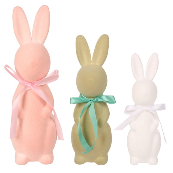 Spring Easter Decorations: 3-Piece Flocked Bunny Set with Bow Ties, Tabletop Centerpieces for Home, Garden, and Party Bunny Decor