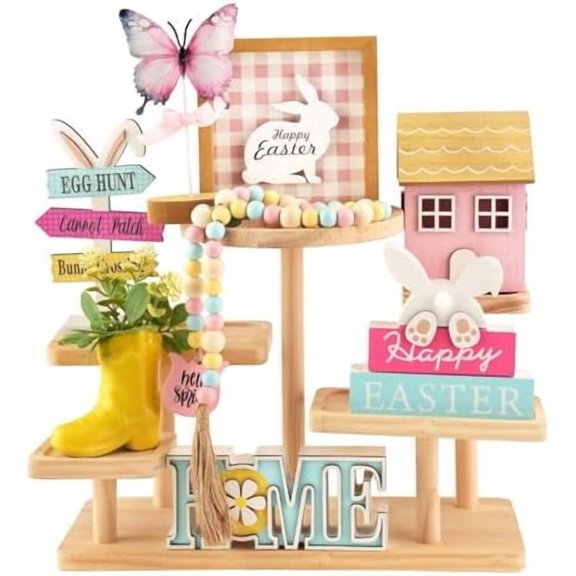 Spring Easter Decorations 8 Pieces Tiered Tray Decor Set, Cute Tabletop Easter Spring Décor for Home Shelf Mantel Fireplace Office Desk Coffee Bar Indoor Holiday Decoration Ornament Tray Objects