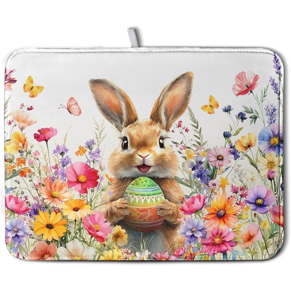 Spring Easter Dish Drying Mat for Kitchen Counter Easter Bunny Rabbit Eggs Flowers Dishes Drainer Mats 18x24 Microfiber Absorbent Large Dish Drying Pad for Kitchen Countertop Tableware Decor