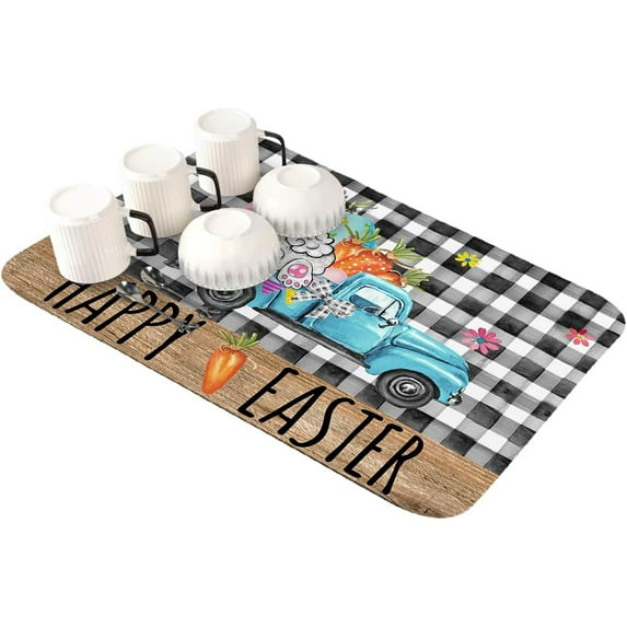 Spring Easter Dish Drying Mat for Kitchen Counter,Super Absorbent Quick Dry Coffee Bar Mat Pad Diatomaceous Sink Mat Non Slip Dish Drainer Mat 16x18 Blue Truck Bunny Colorful Eggs Floral Black Plaid